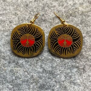 Laurel Burch "Eskimo Lion" Drop Earrings, Gold Plated, 1980s Vintage Jewelry